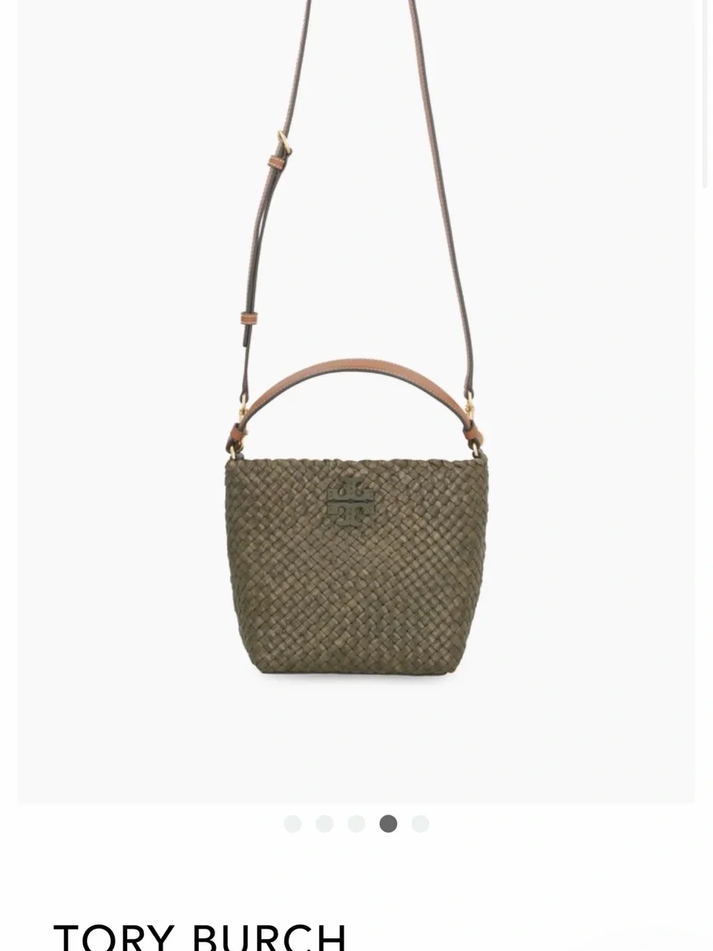 Tory Burch Brown trim Olive Woven Leather GOLD TONE BUCKET BAG